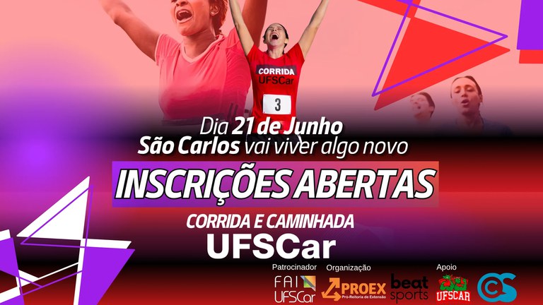 Arte de chamada para corrida UFSCar 2026 a ocorrer em  21 de junho de 2026 a partir das 7 da manhã. 